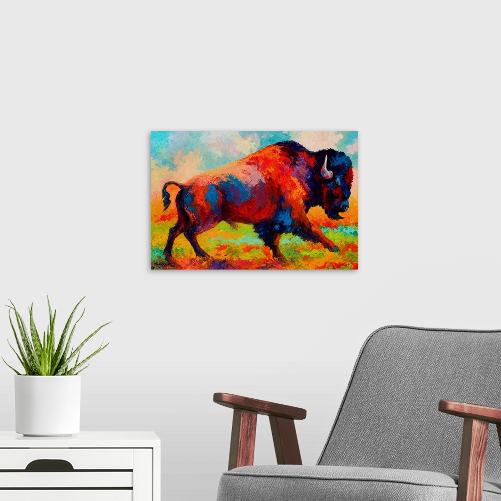 A modern room featuring Running Free Bison