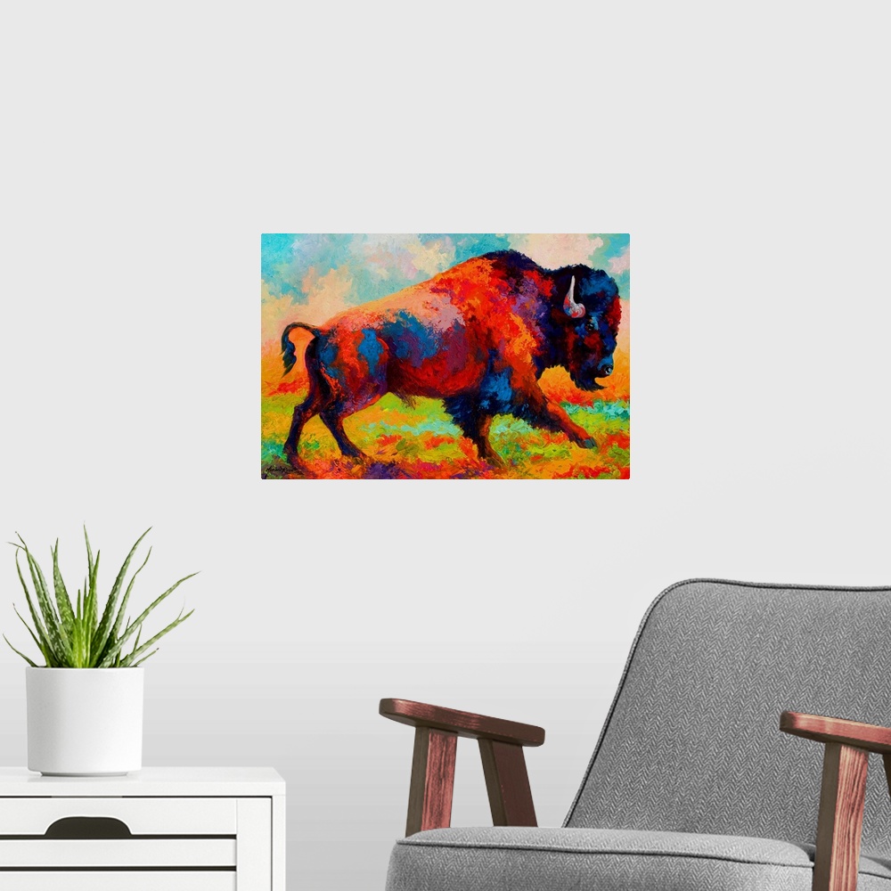 A modern room featuring Running Free Bison