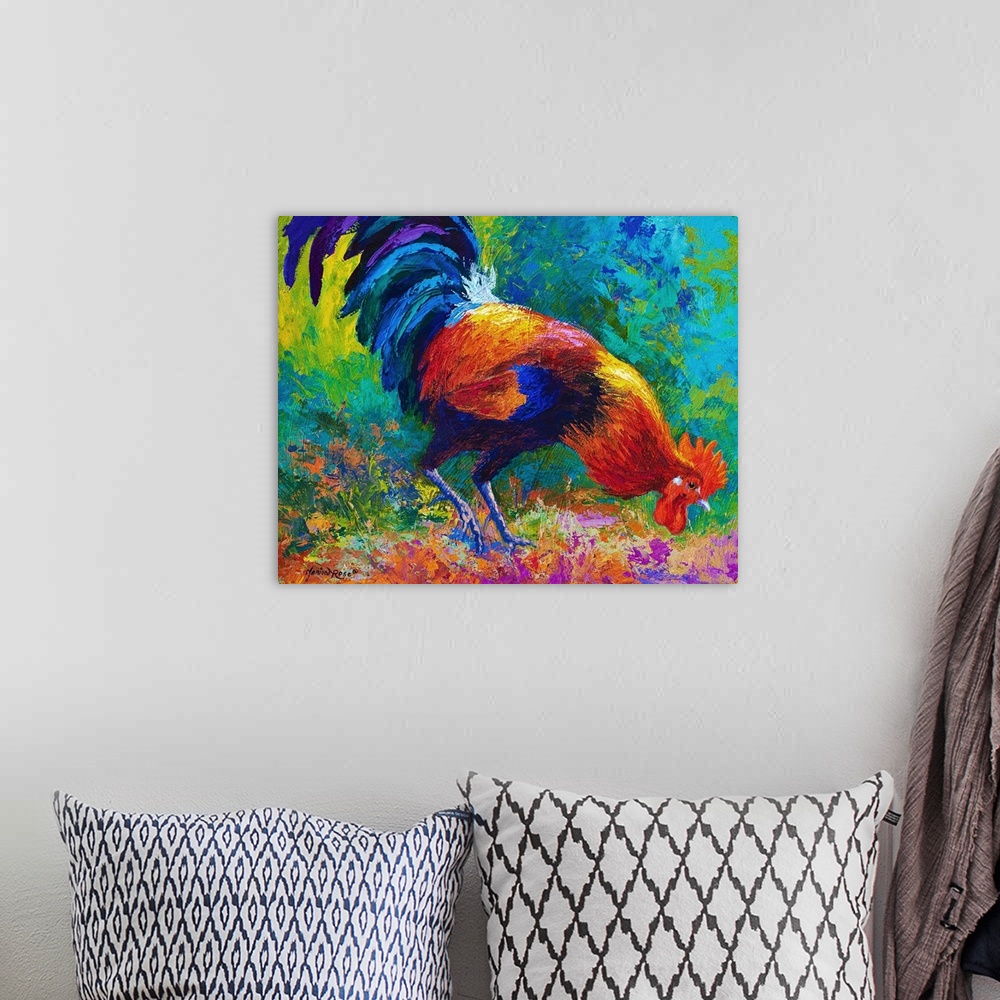 A bohemian room featuring Painting of a vividly colored rooster foraging on the ground.