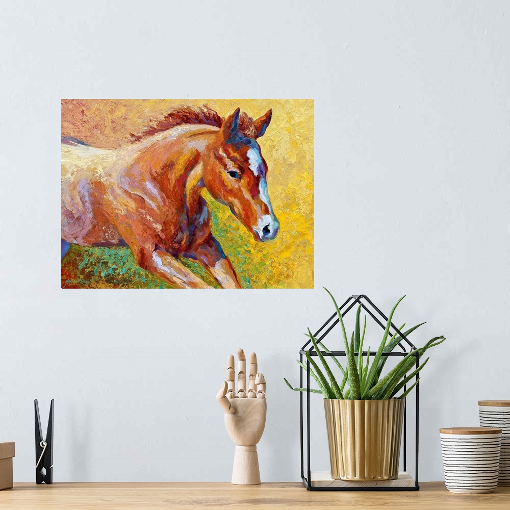 A bohemian room featuring Contemporary artwork of a young female horse that uses vibrant colors to paint the area around her.