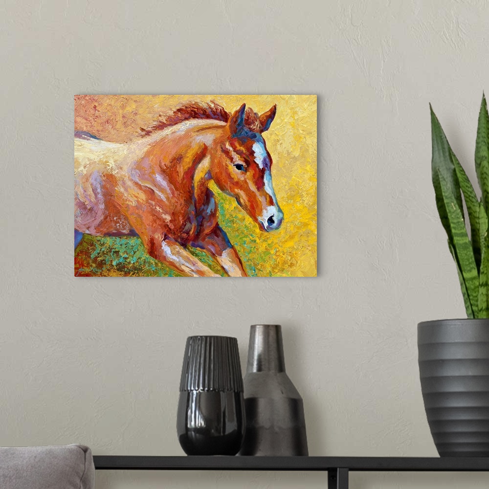 A modern room featuring Contemporary artwork of a young female horse that uses vibrant colors to paint the area around her.