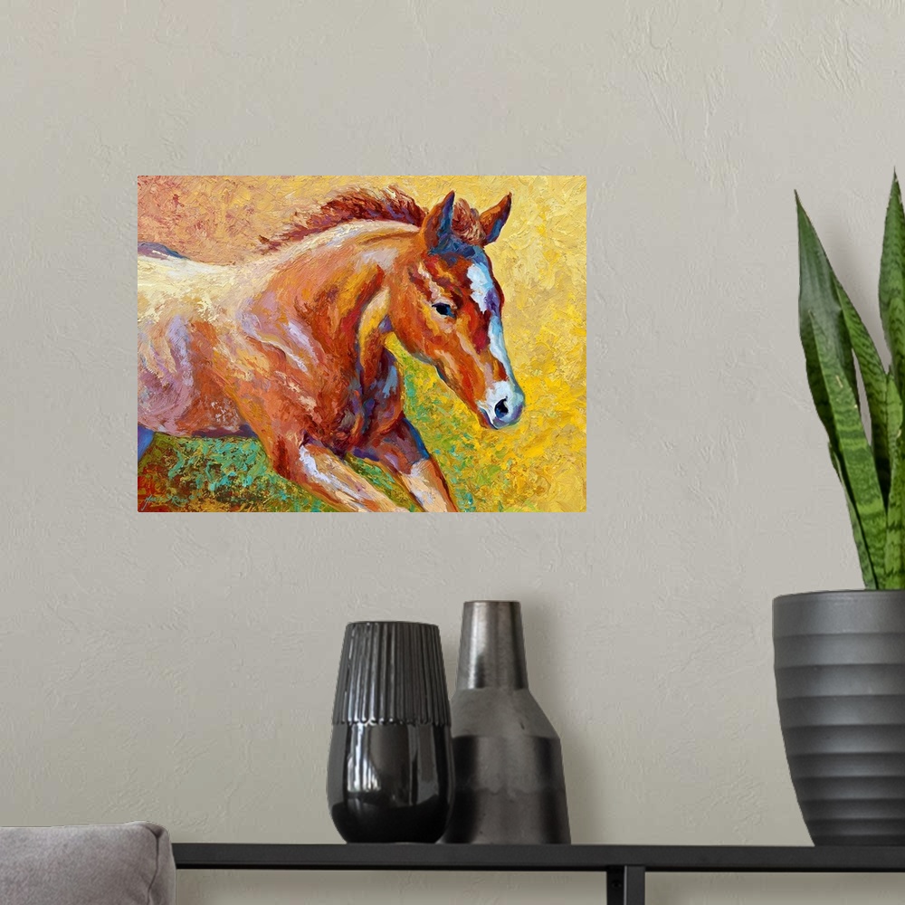 A modern room featuring Contemporary artwork of a young female horse that uses vibrant colors to paint the area around her.
