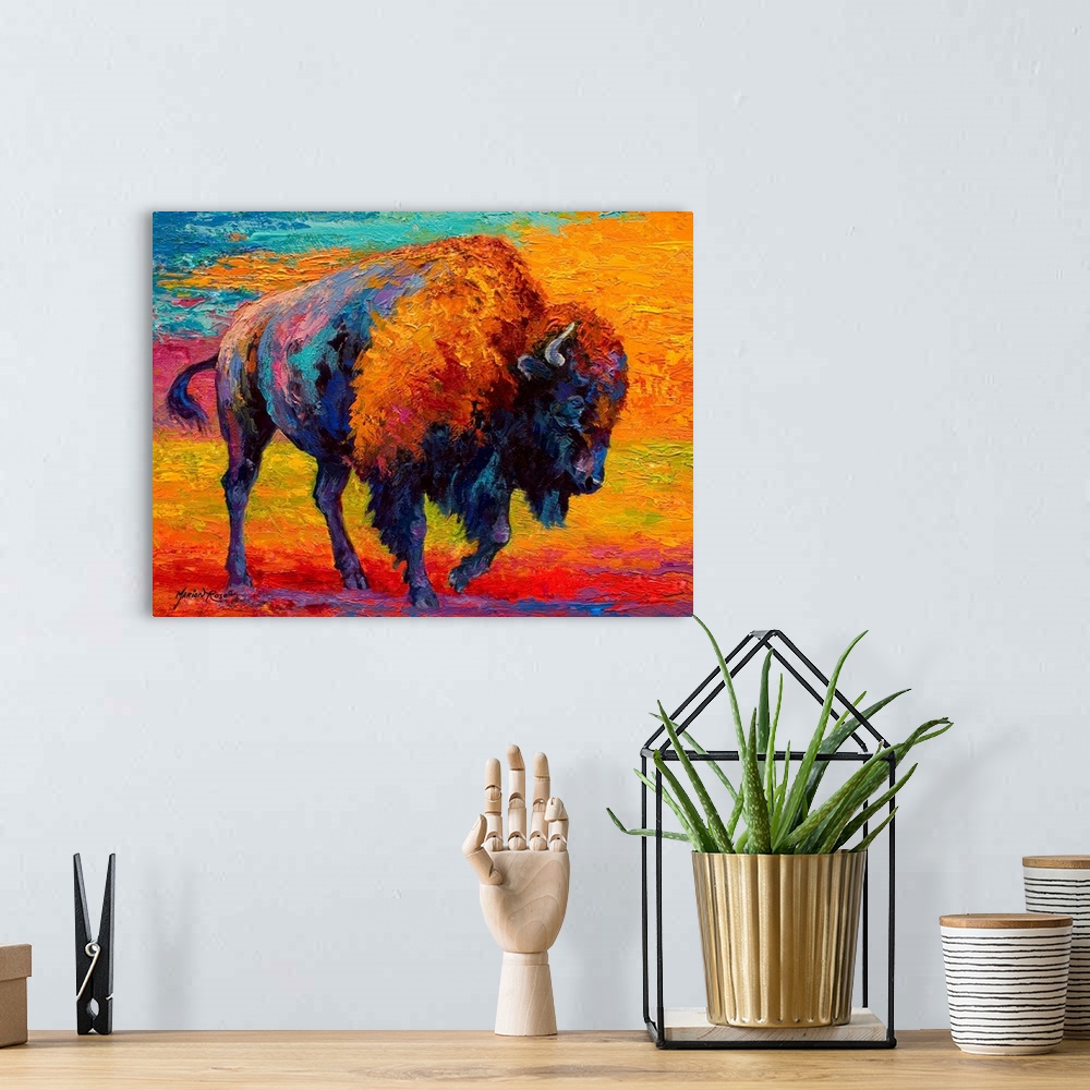 A bohemian room featuring A contemporary artwork piece of a bison that uses various colors for the bison and the background.