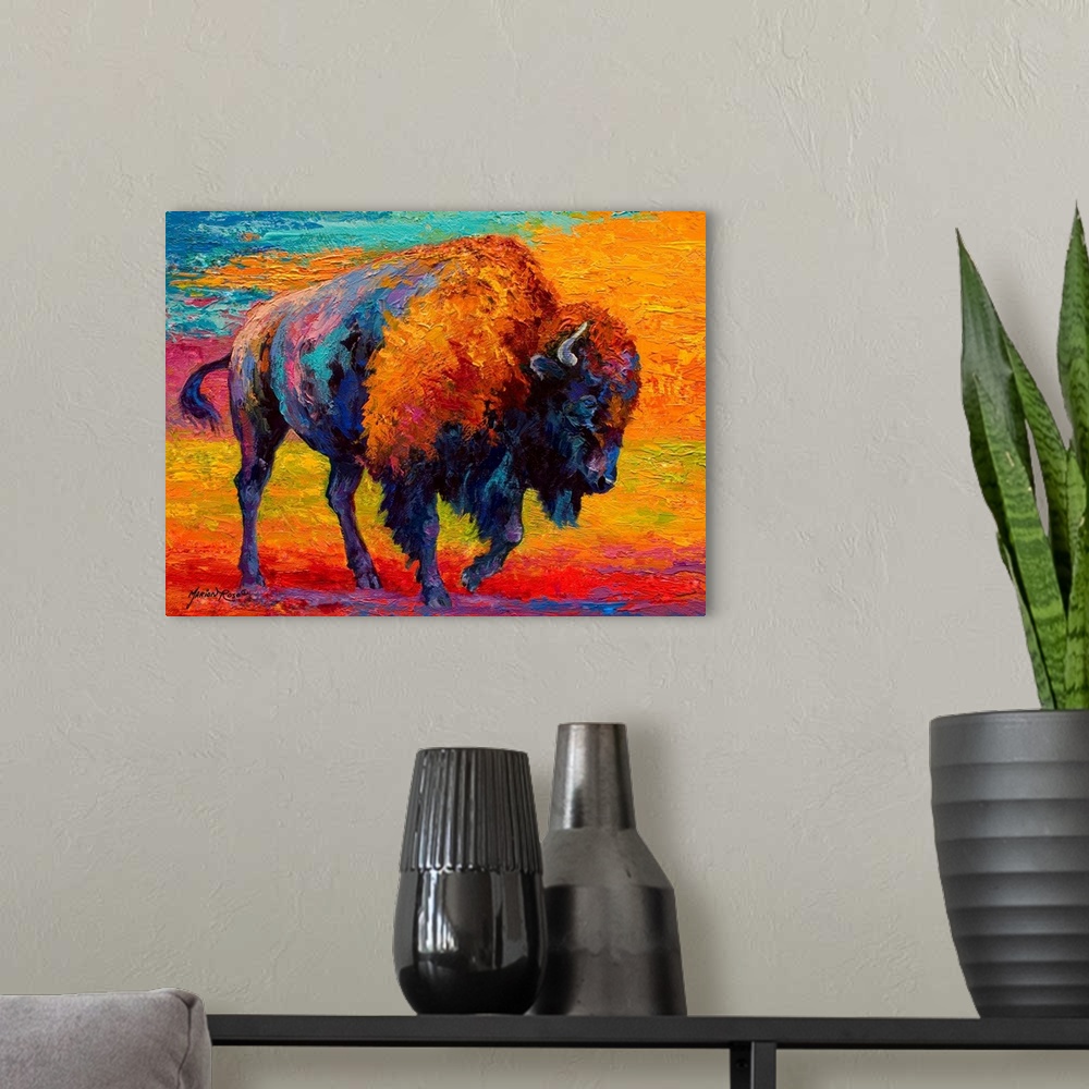 A modern room featuring A contemporary artwork piece of a bison that uses various colors for the bison and the background.