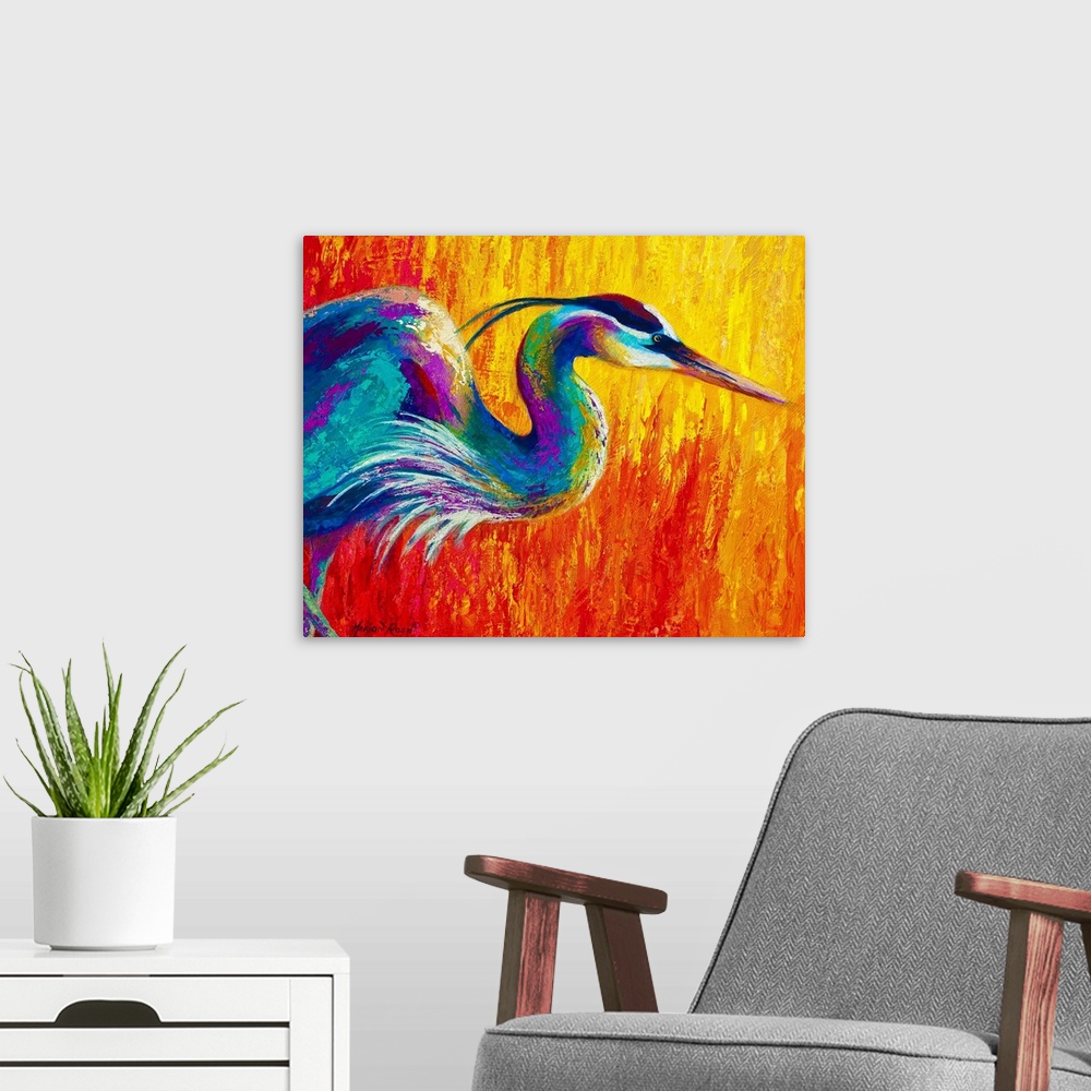 A modern room featuring Contemporary art painting of a bright colored egret bird on a firey background.