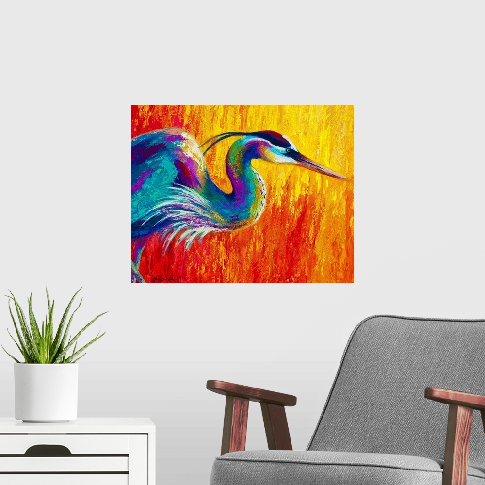 A modern room featuring Contemporary art painting of a bright colored egret bird on a firey background.