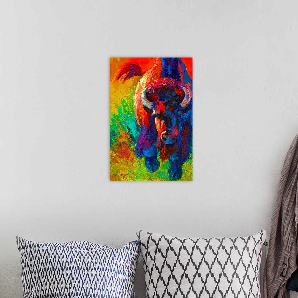 A bohemian room featuring Contemporary painting of charging buffalo with horns with colorful abstract background.