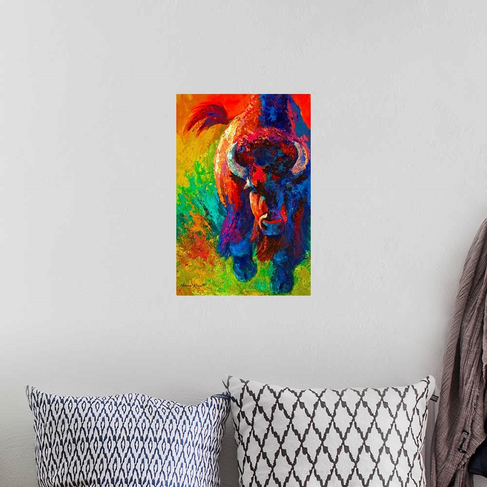 A bohemian room featuring Contemporary painting of charging buffalo with horns with colorful abstract background.