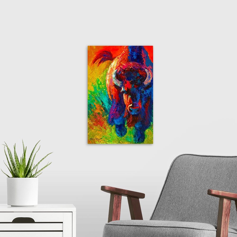 A modern room featuring Contemporary painting of charging buffalo with horns with colorful abstract background.