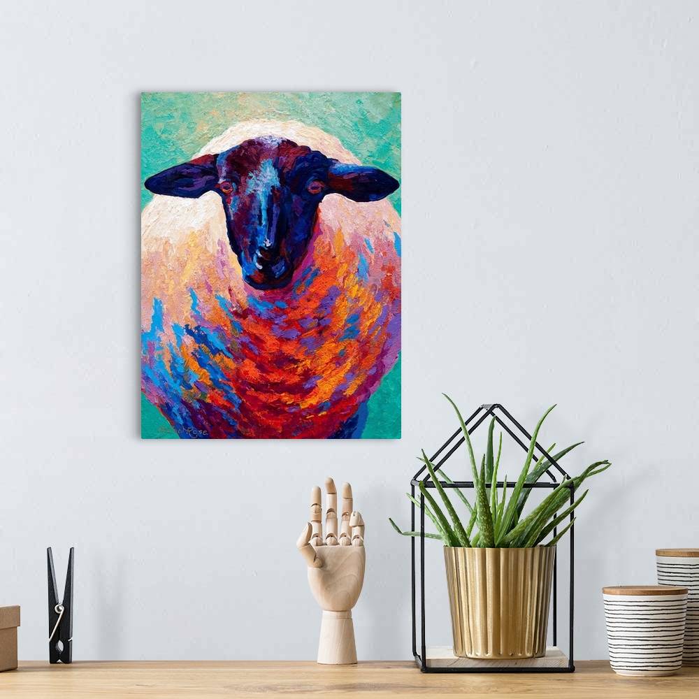 A bohemian room featuring This is a contemporary painting of a sheep where the shadows have been painted with vivid and unc...
