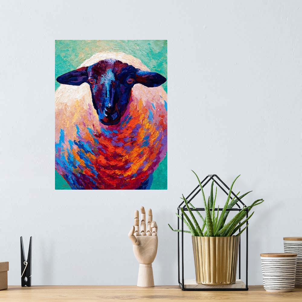 A bohemian room featuring This is a contemporary painting of a sheep where the shadows have been painted with vivid and unc...