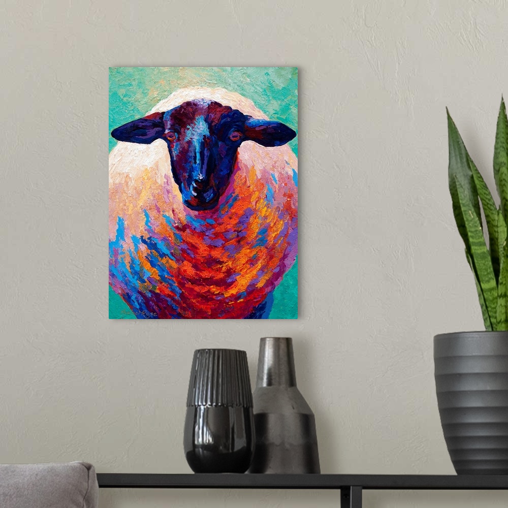 A modern room featuring This is a contemporary painting of a sheep where the shadows have been painted with vivid and unc...