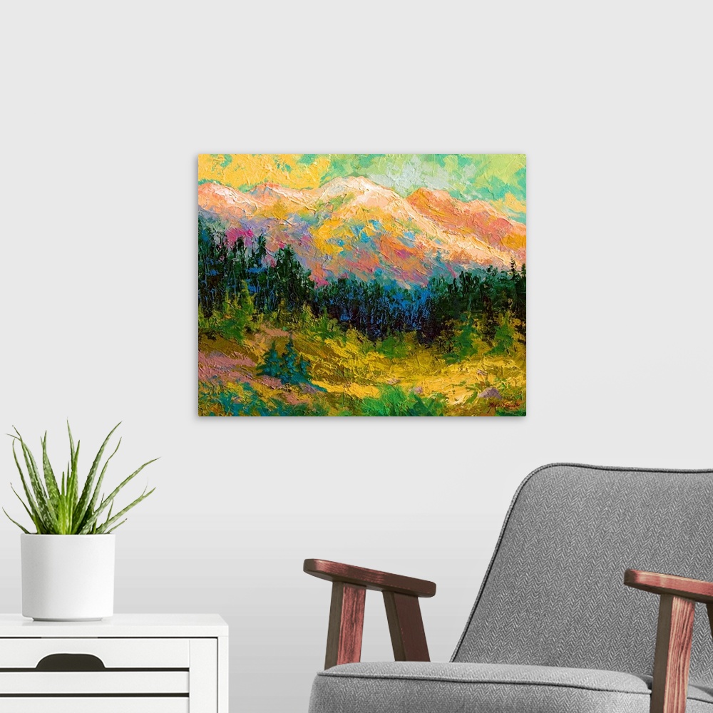 A modern room featuring Contemporary artwork that is a painting of a mountain scape with pine trees lining the bottom of ...