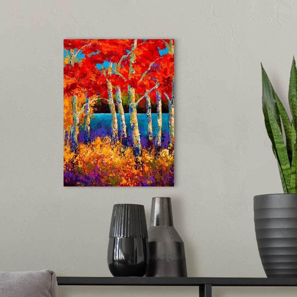 A modern room featuring Vertical abstract painting of a forest made up of bright colors.