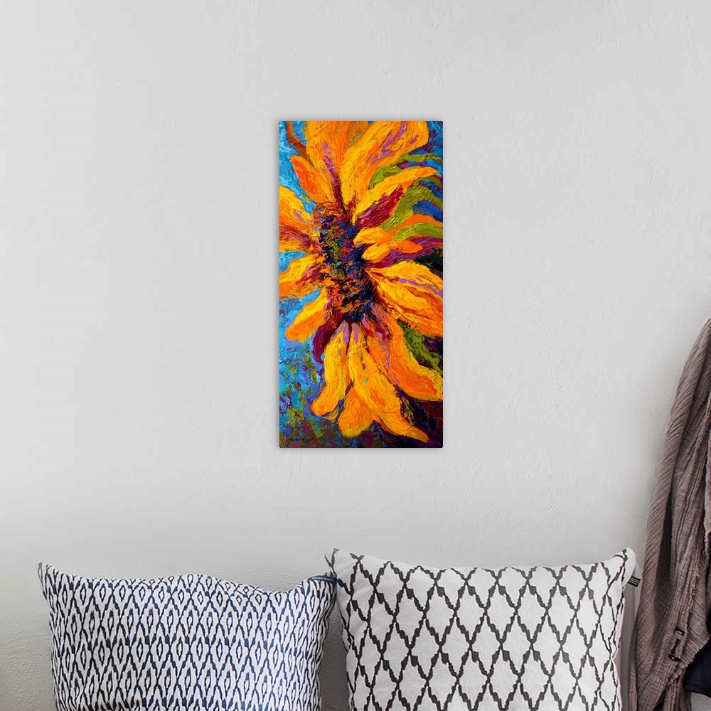 A bohemian room featuring A contemporary painting of a sunflower from the side that uses various colors for the center and ...