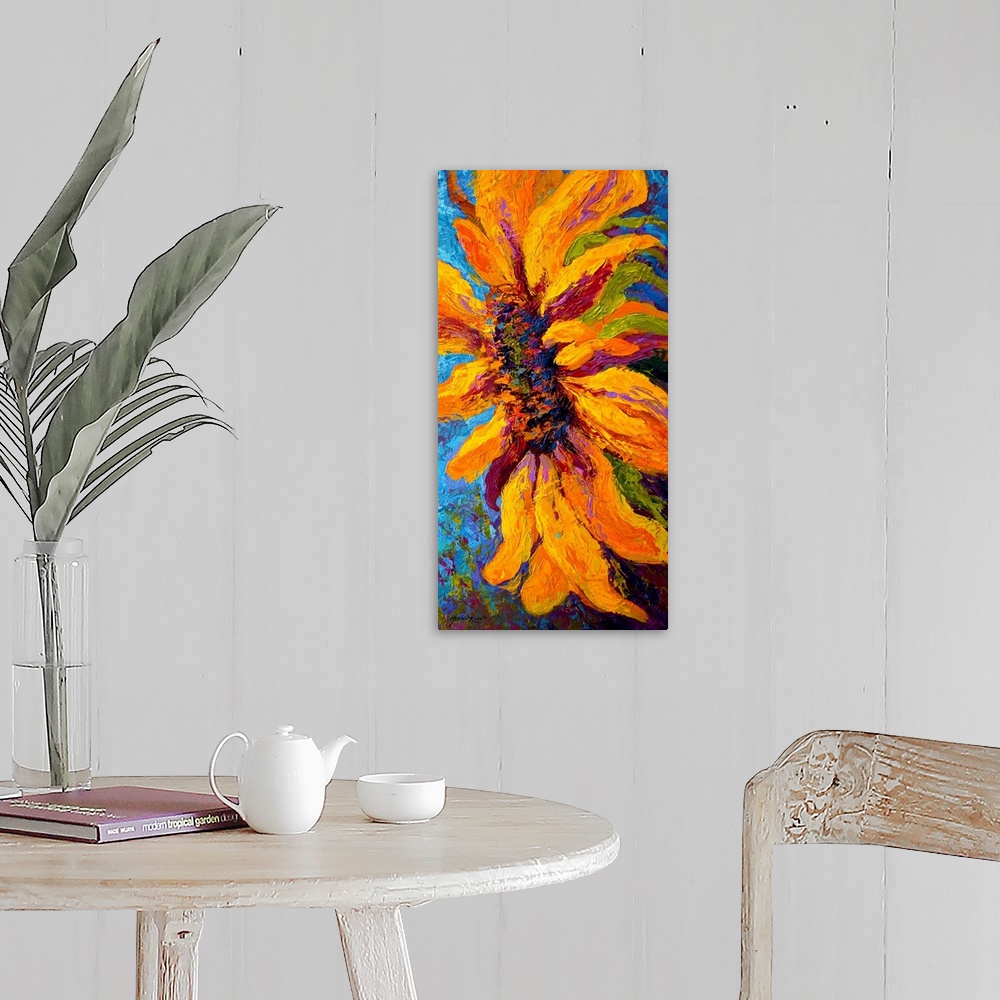 A farmhouse room featuring A contemporary painting of a sunflower from the side that uses various colors for the center and ...
