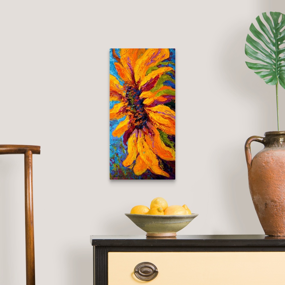A traditional room featuring A contemporary painting of a sunflower from the side that uses various colors for the center and ...