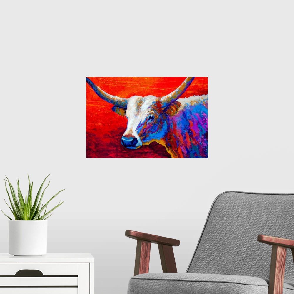A modern room featuring Contemporary art painting of a longhorn cow in brilliant colors on a red sunset background.