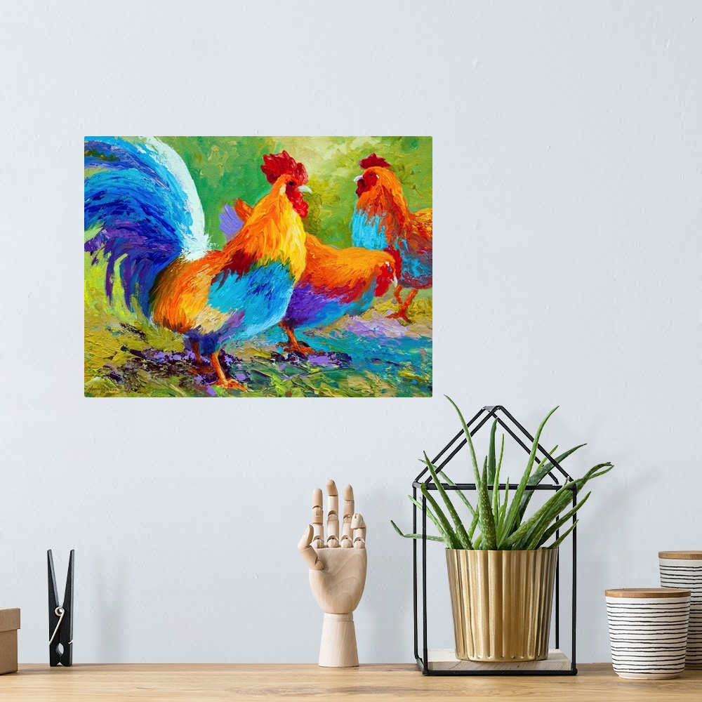A bohemian room featuring Bright colors are used to paint three roosters grouped together against a green background.