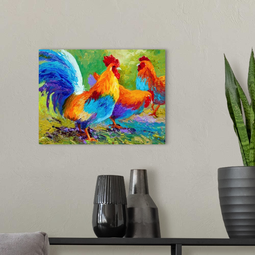 A modern room featuring Bright colors are used to paint three roosters grouped together against a green background.