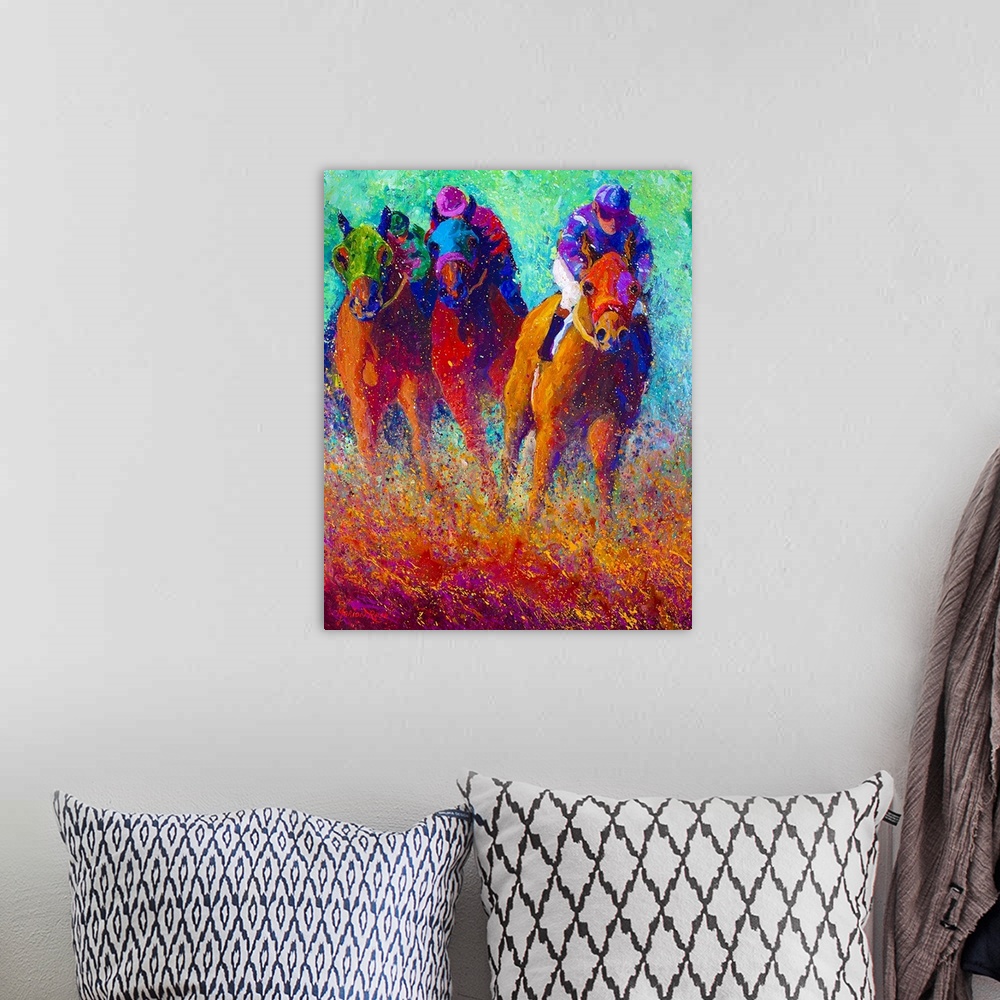 A bohemian room featuring This is a vertical painting by a contemporary artist that uses vivid and unusual colors to show r...