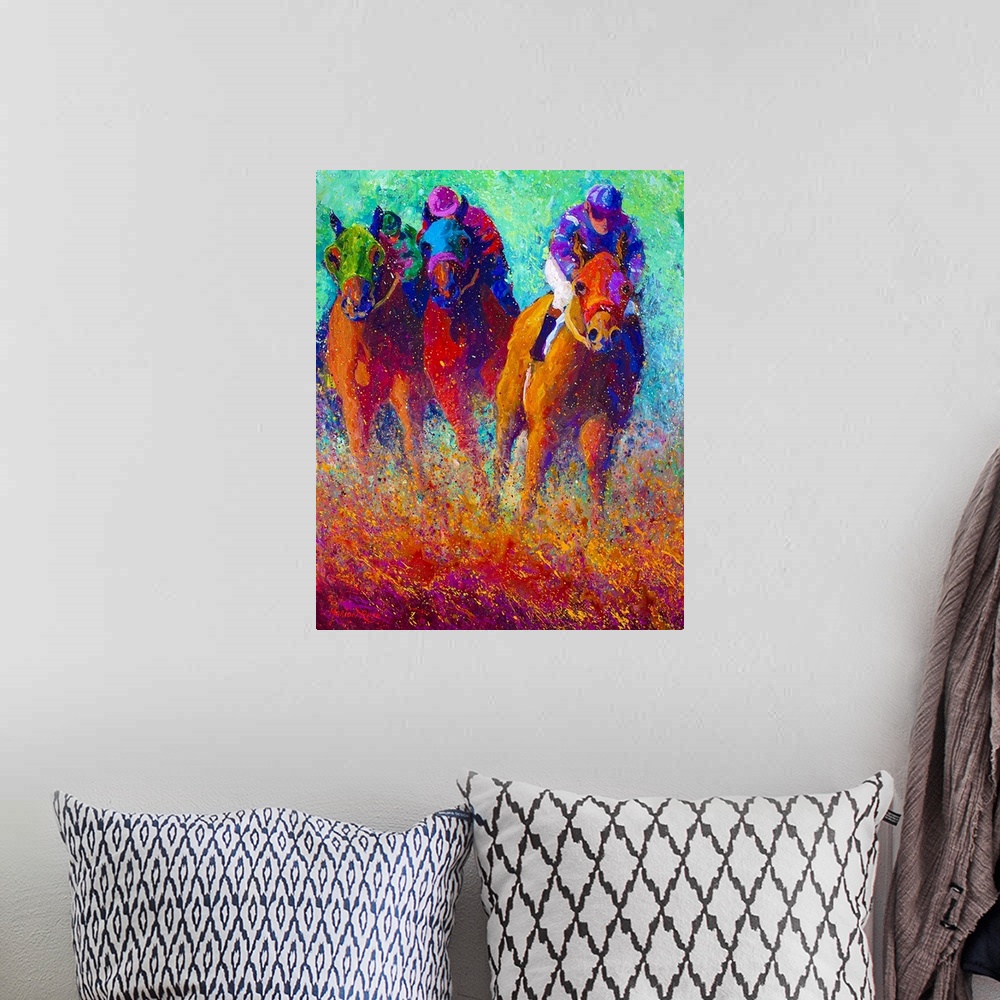 A bohemian room featuring This is a vertical painting by a contemporary artist that uses vivid and unusual colors to show r...