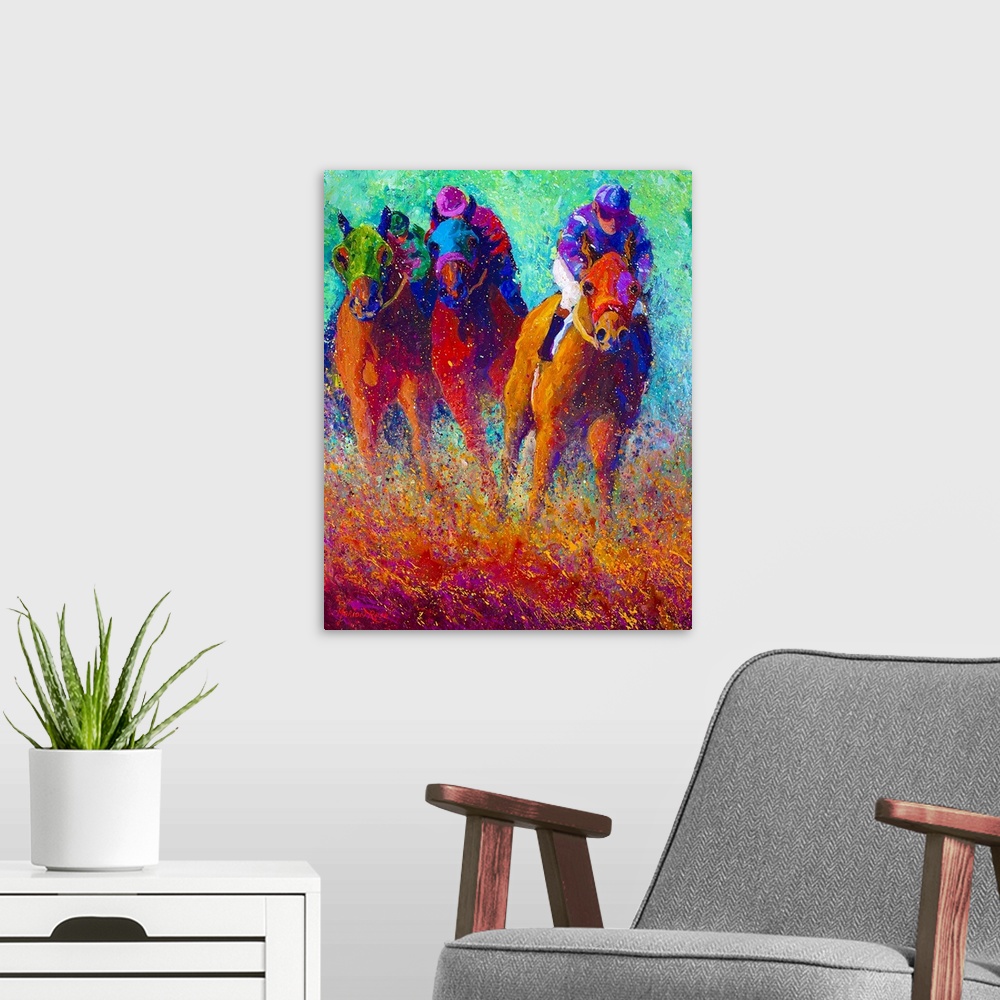 A modern room featuring This is a vertical painting by a contemporary artist that uses vivid and unusual colors to show r...