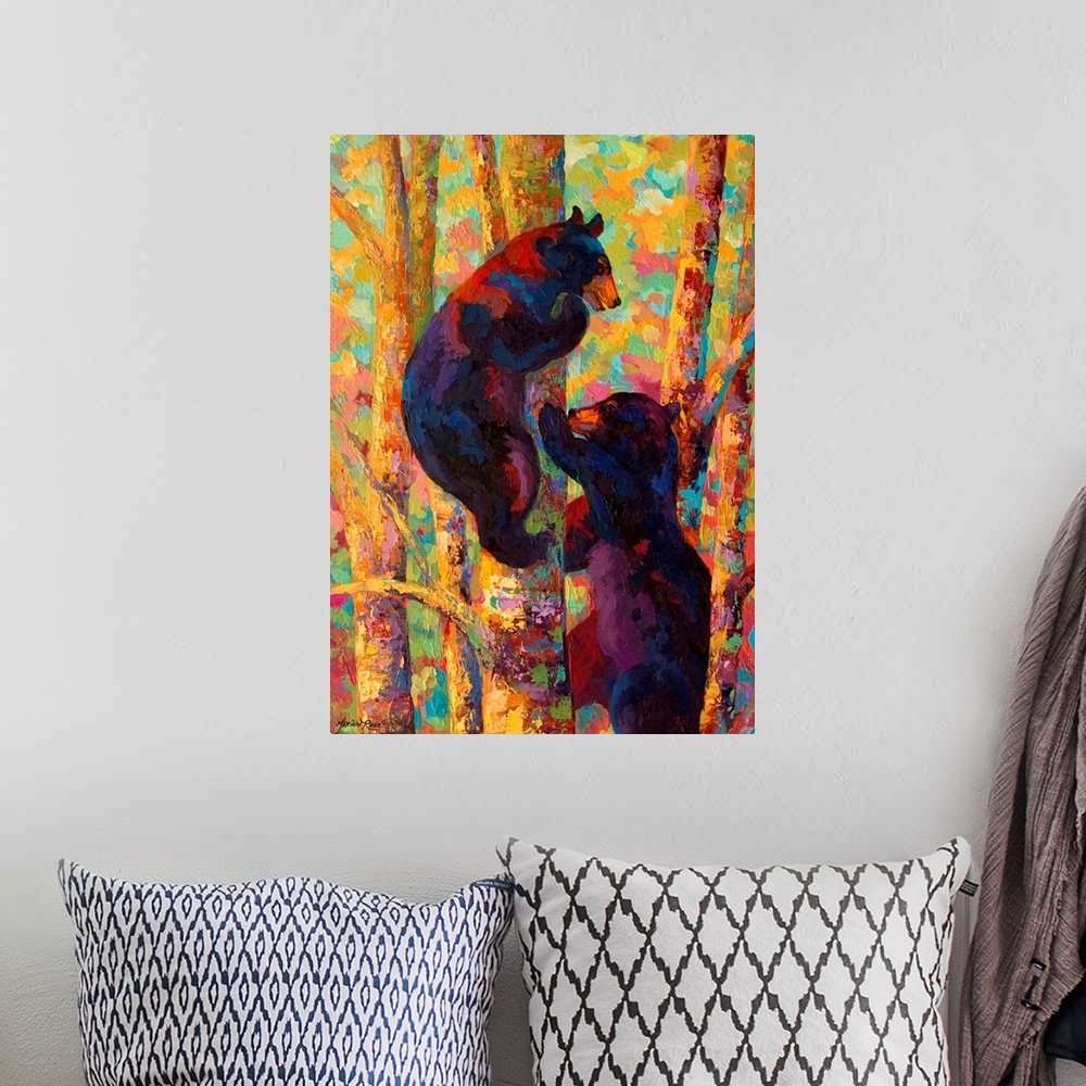 A bohemian room featuring Giant, vertical painting of two bears climbing a tree, one on each side, a forest of colorful lea...