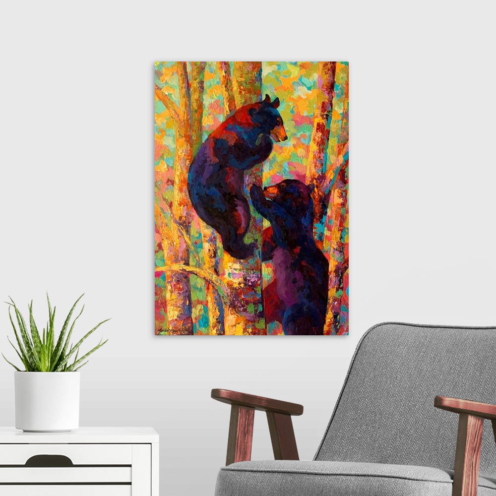 A modern room featuring Giant, vertical painting of two bears climbing a tree, one on each side, a forest of colorful lea...
