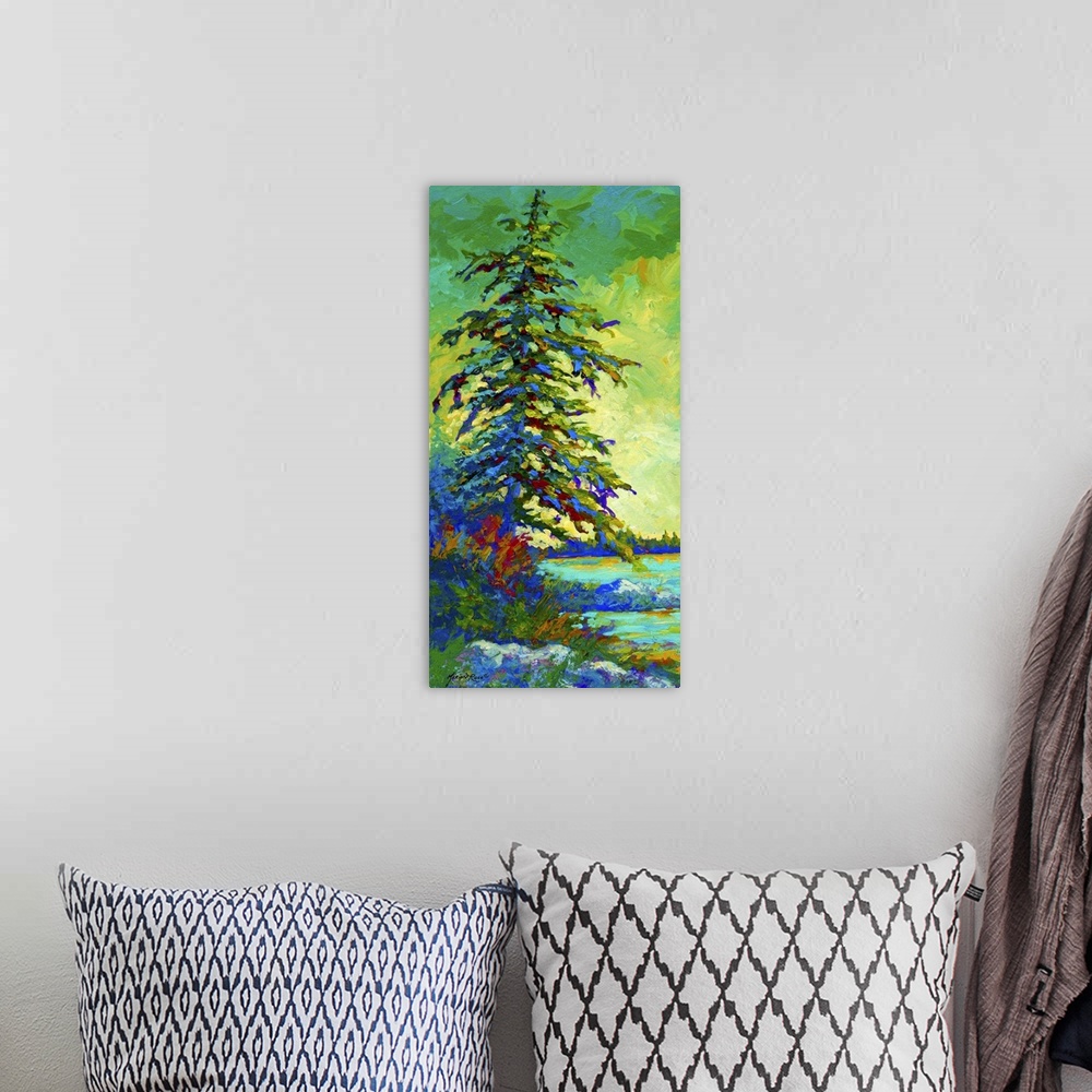 A bohemian room featuring Tall painting on canvas of a tree beside the water made up of brush strokes.