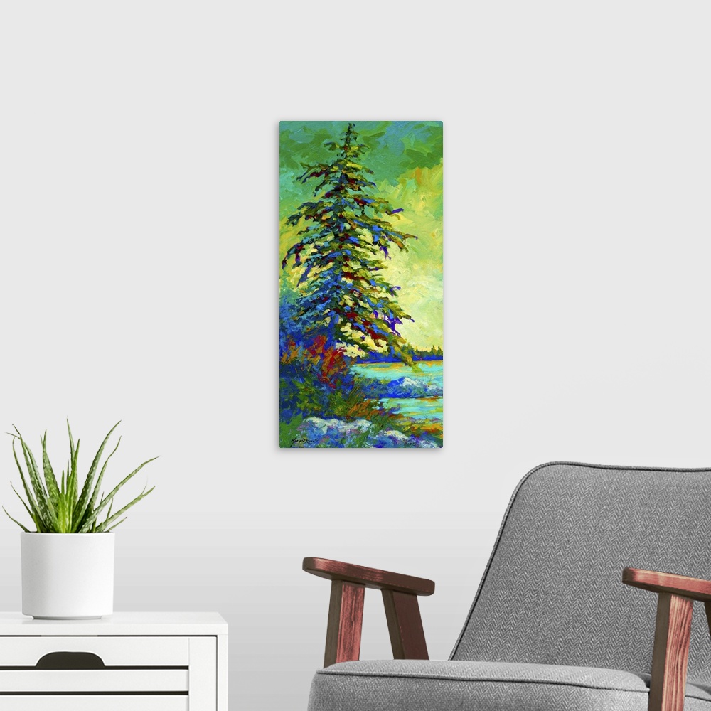 A modern room featuring Tall painting on canvas of a tree beside the water made up of brush strokes.