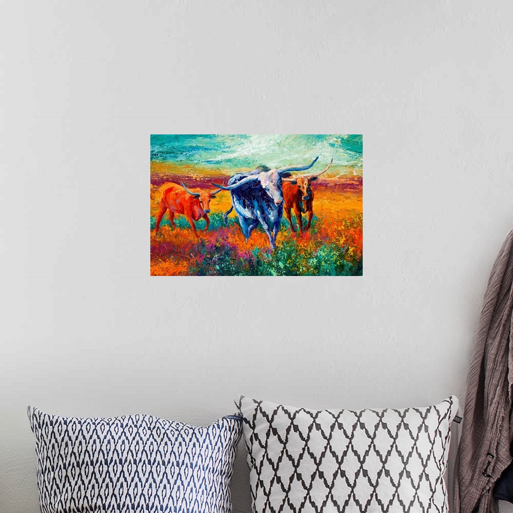 A bohemian room featuring Impressionalistic painting of three longhorn cattle walking in a field. Mixture of cool and warm ...