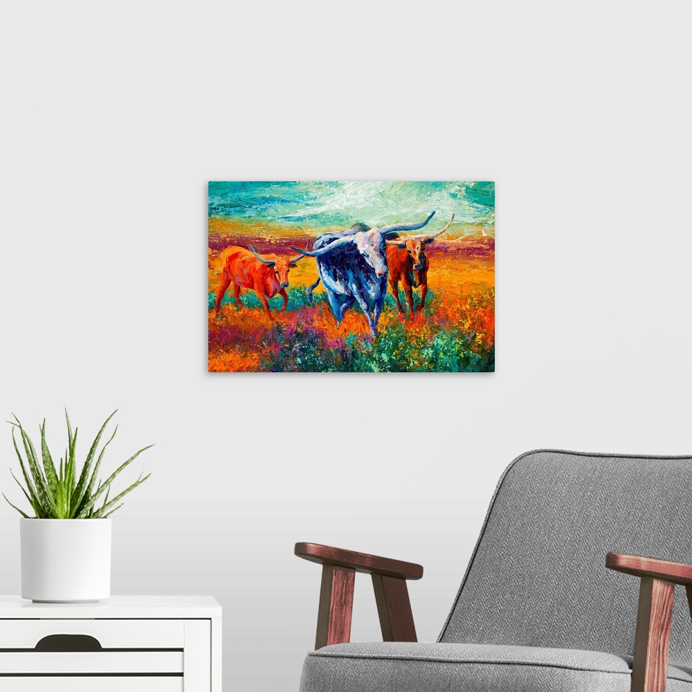 A modern room featuring Impressionalistic painting of three longhorn cattle walking in a field. Mixture of cool and warm ...