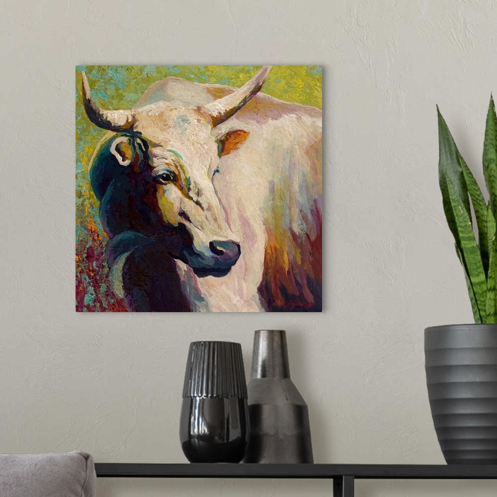 A modern room featuring White Bull Portrait