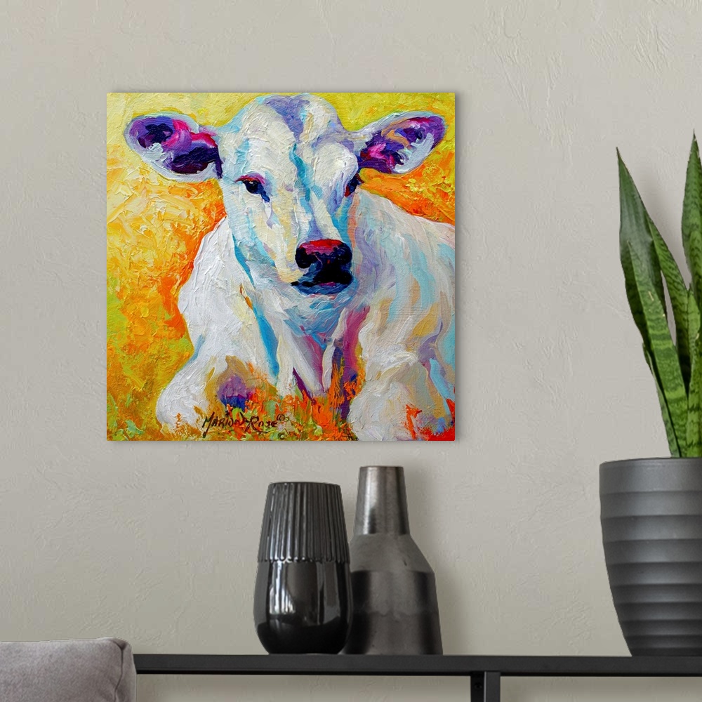 A modern room featuring Contemporary painting of a young cow with soulful eyes and large ears, its white body standing ou...