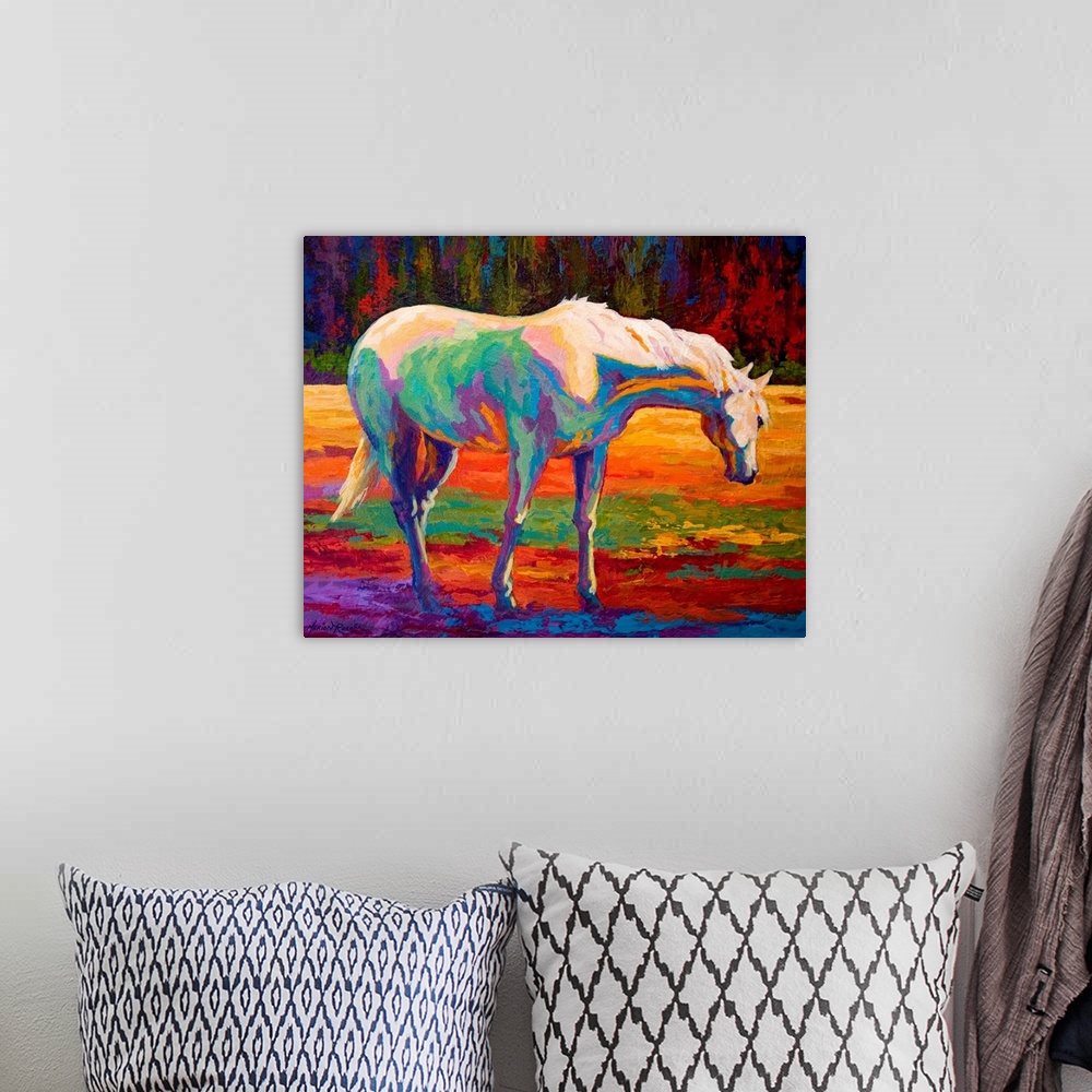 A bohemian room featuring Large landscape painting of a horse grazing in a field.  Painted with a variety of bright colors ...