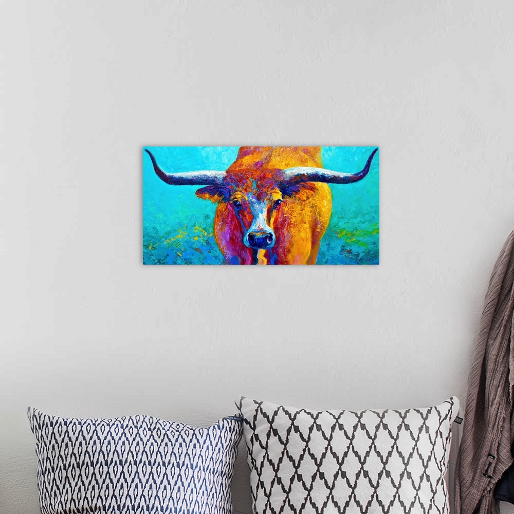 A bohemian room featuring Oversized, landscape, decorative painting of a bull looking straight ahead, with large horns exte...