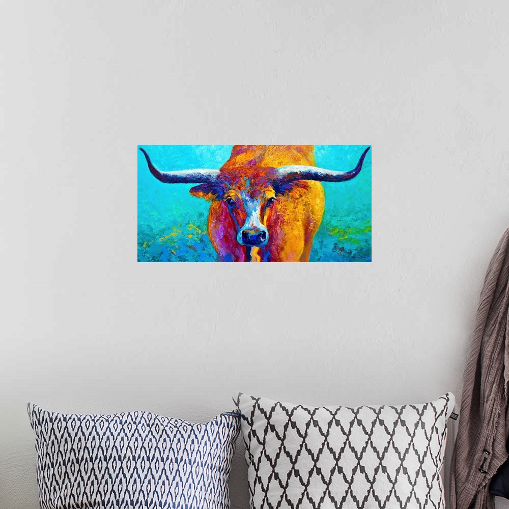 A bohemian room featuring Oversized, landscape, decorative painting of a bull looking straight ahead, with large horns exte...