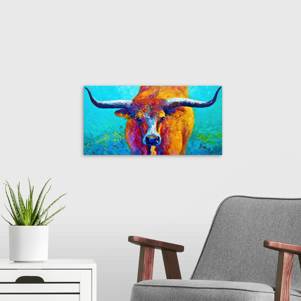A modern room featuring Oversized, landscape, decorative painting of a bull looking straight ahead, with large horns exte...