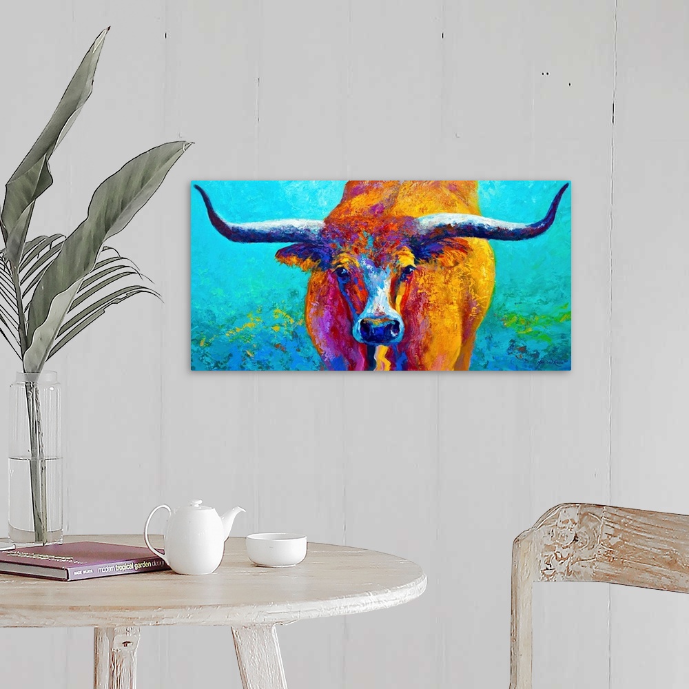 A farmhouse room featuring Contemporary panoramic painting of a bull with its horns extending to both ends of the image.