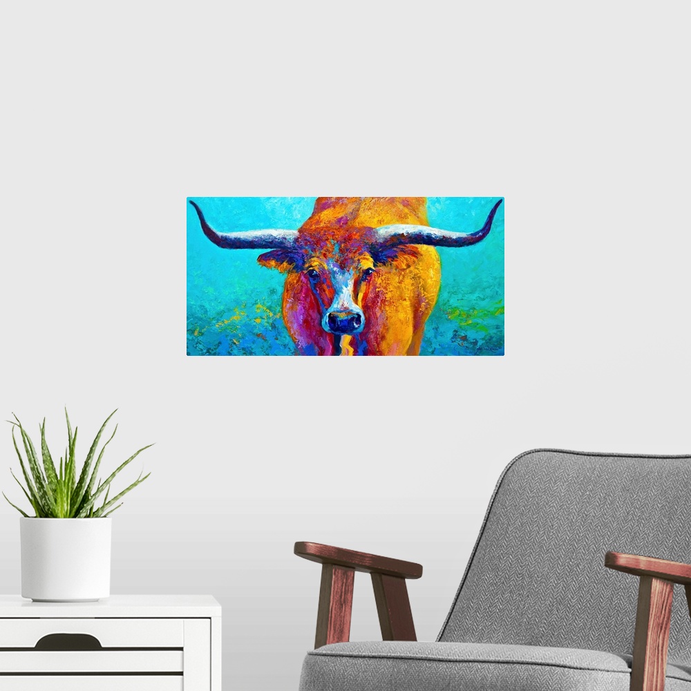 A modern room featuring Contemporary panoramic painting of a bull with its horns extending to both ends of the image.