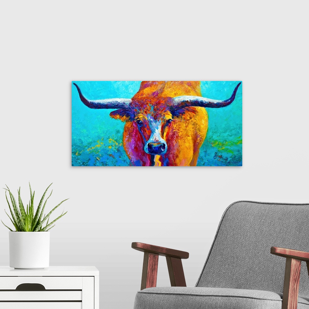A modern room featuring Contemporary panoramic painting of a bull with its horns extending to both ends of the image.