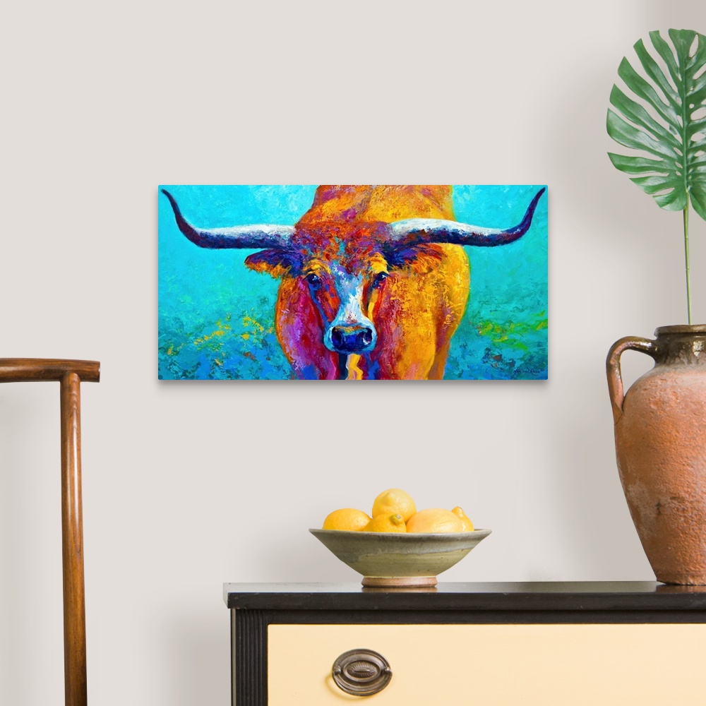 A traditional room featuring Contemporary panoramic painting of a bull with its horns extending to both ends of the image.