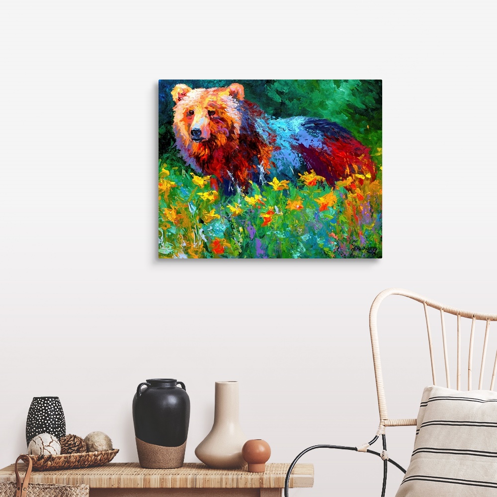A farmhouse room featuring Impressionalistic painting of a large bear in the middle of a field of flowers with a forest in t...