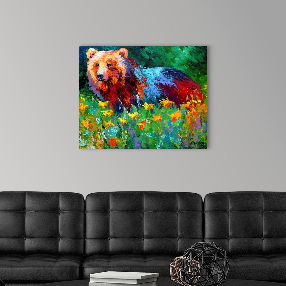 A modern room featuring Impressionalistic painting of a large bear in the middle of a field of flowers with a forest in t...