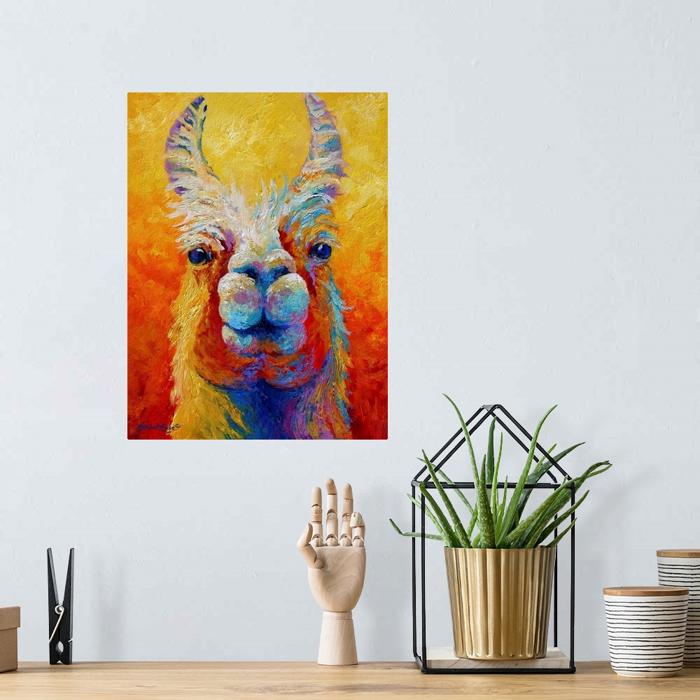 A bohemian room featuring Colorful painting looking straight on at the face of a llama with his ears sticking straight up.