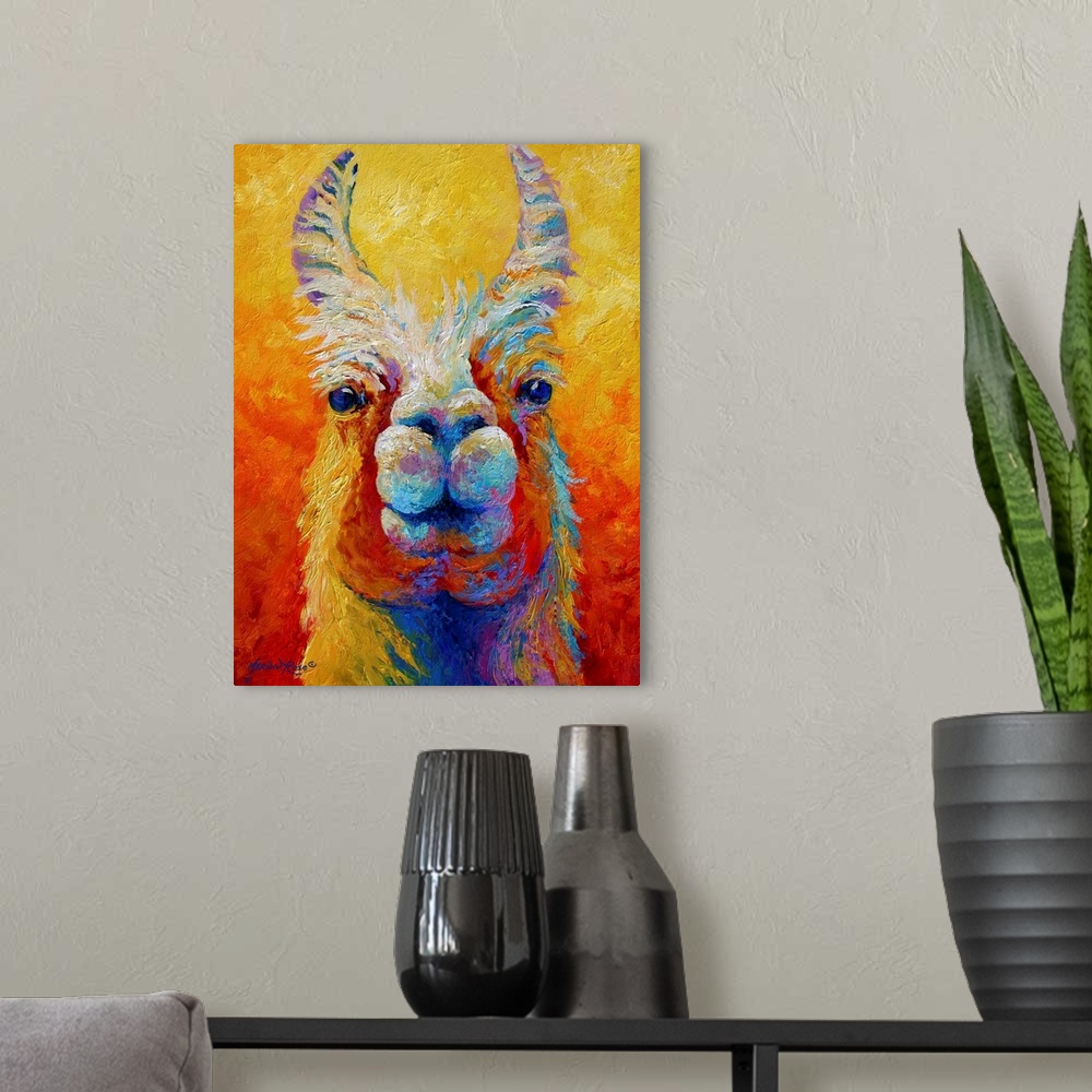A modern room featuring Colorful painting looking straight on at the face of a llama with his ears sticking straight up.