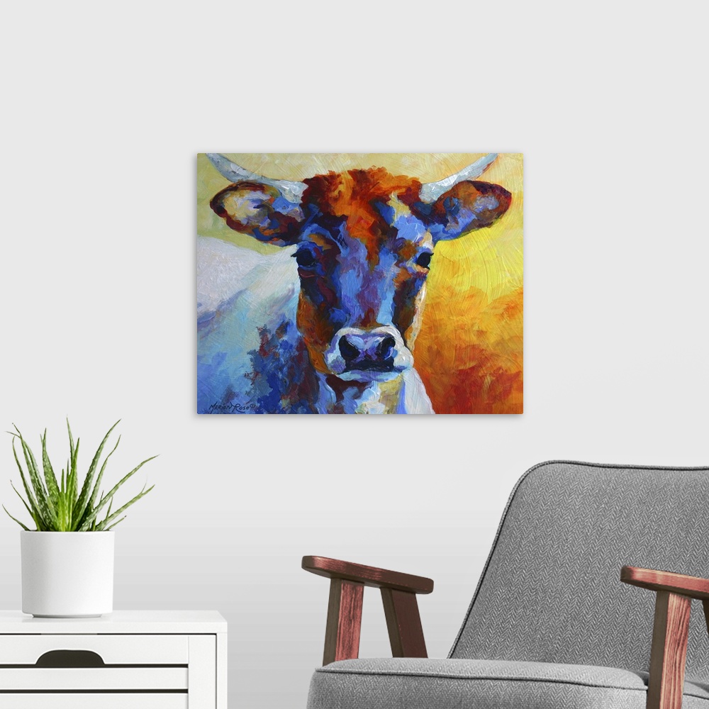 A modern room featuring Various colors are used to paint a portrait of a young cow.