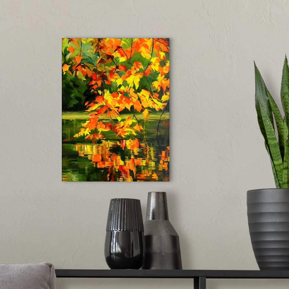 A modern room featuring Leaves in fall haning over water.