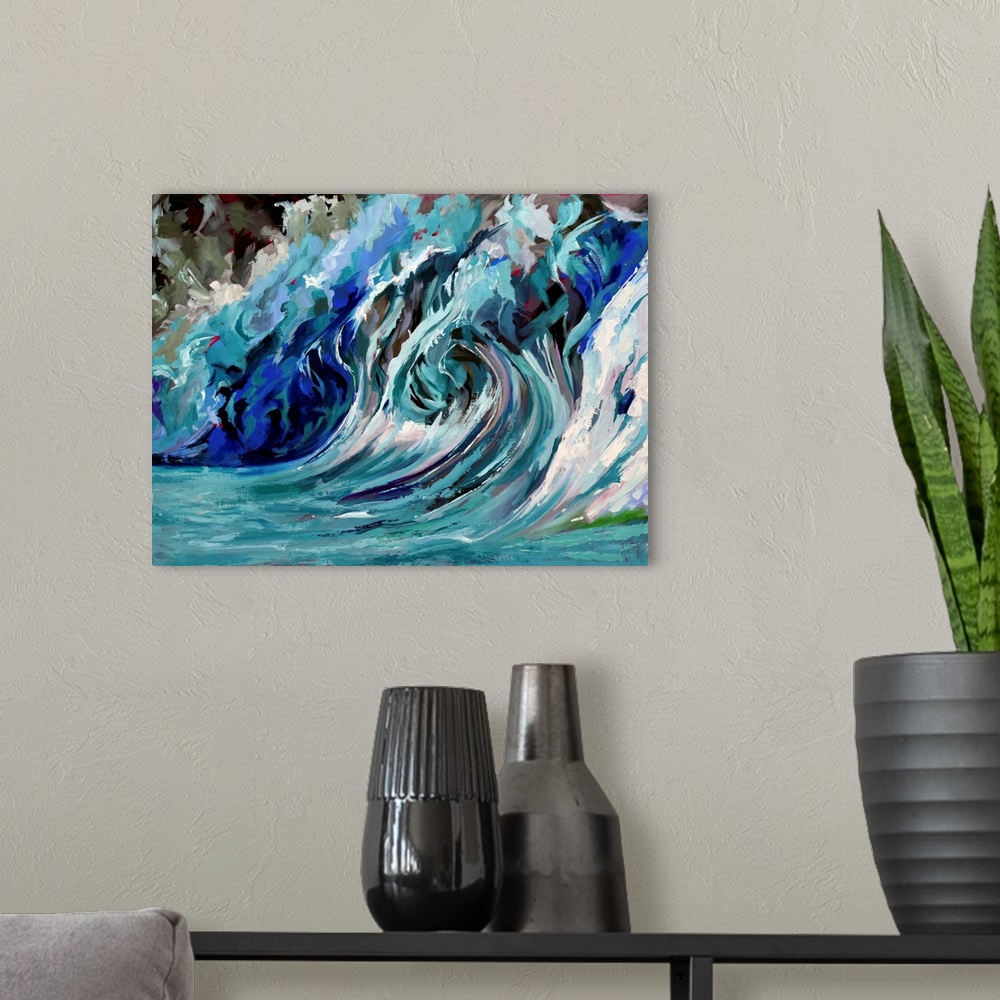 A modern room featuring Ocean wave in all its fury.